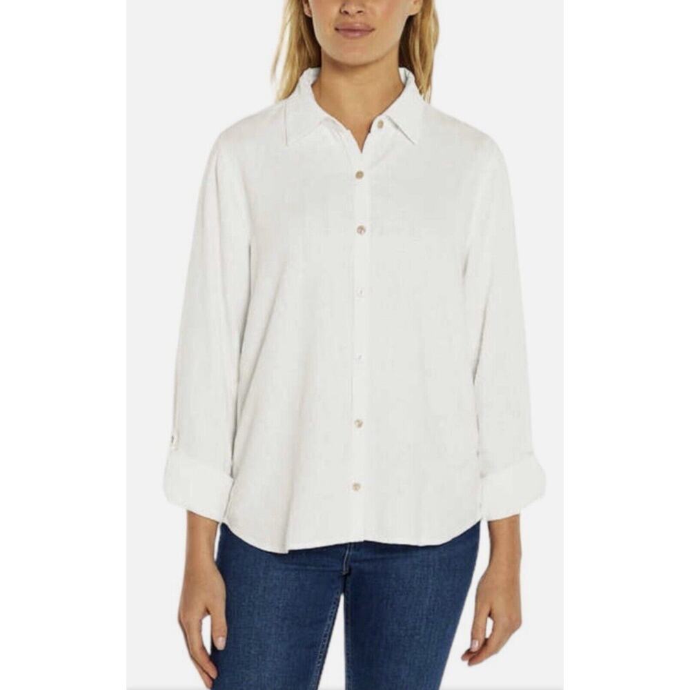 NEW! WOMEN'S ORVIS‎ LINEN BLEND LONG ROLL TAB SLEEVE BUTTON DOWN SHIRT! SIZE XL